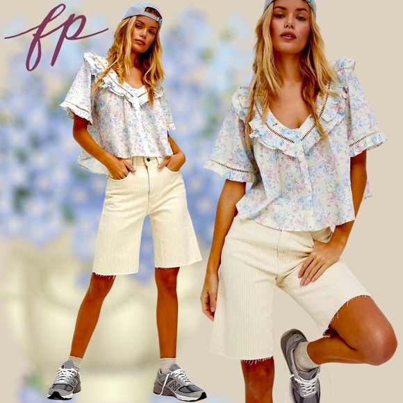 NWT FREE PEOPLE Unreal Love Floral Print Ruffle Collar Short Sleeve Cotton Top - Picture 6 of 10